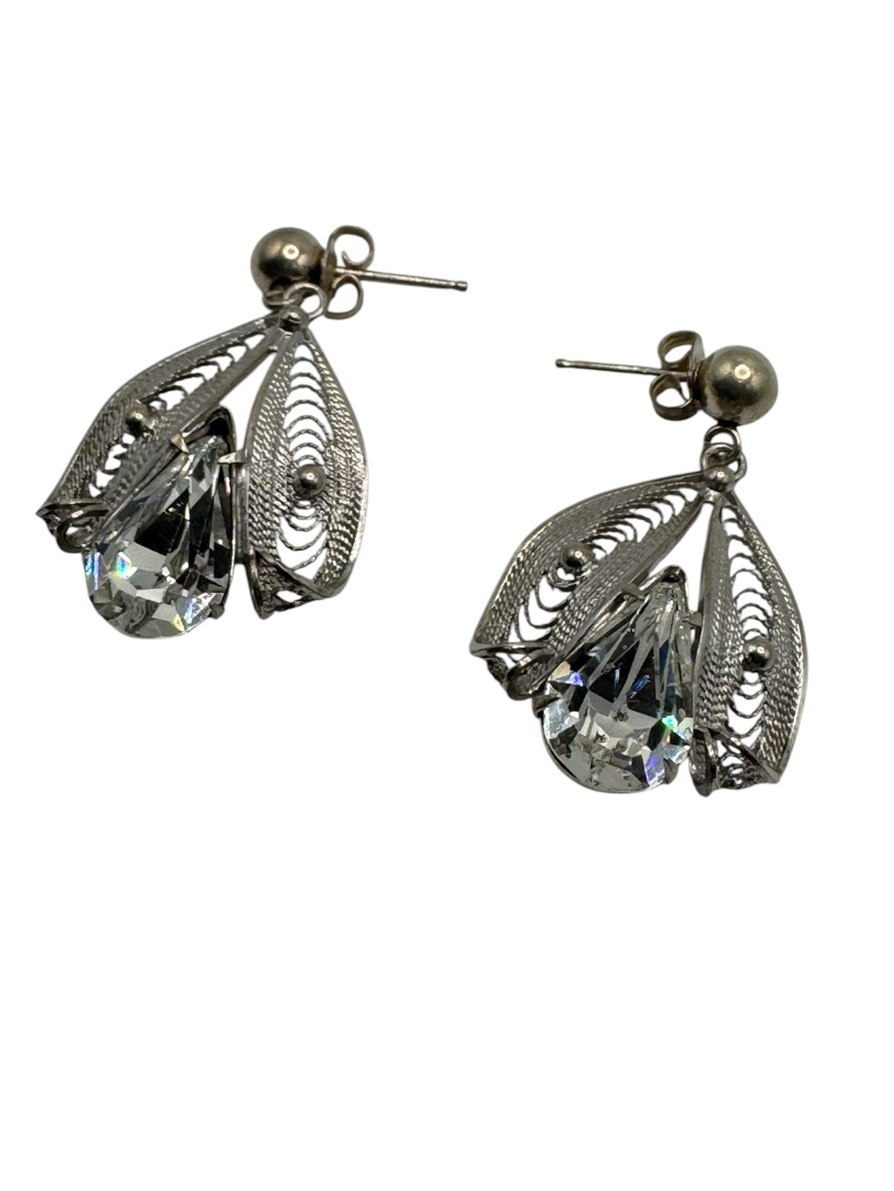 Vintage Silver Filigree Post Earrings with Clear Teardrop Crystals